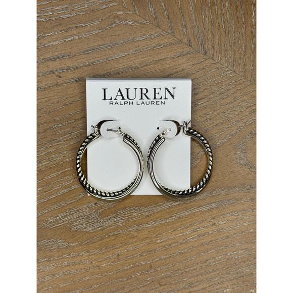 Lauren Ralph Lauren Silver Tone Textured Hoop Earrings Large Designer - Picture 2 of 3